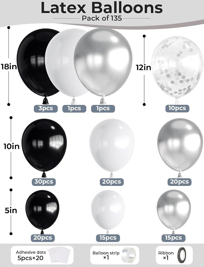Black and Silver Balloons Garland Arch Kit, 135 Pcs Fathers Day Balloons, Metallic Silver Black White and Confetti Balloons for Father's Day Decor, Grad, Birthday, Retirement, Wedding, Anniversary