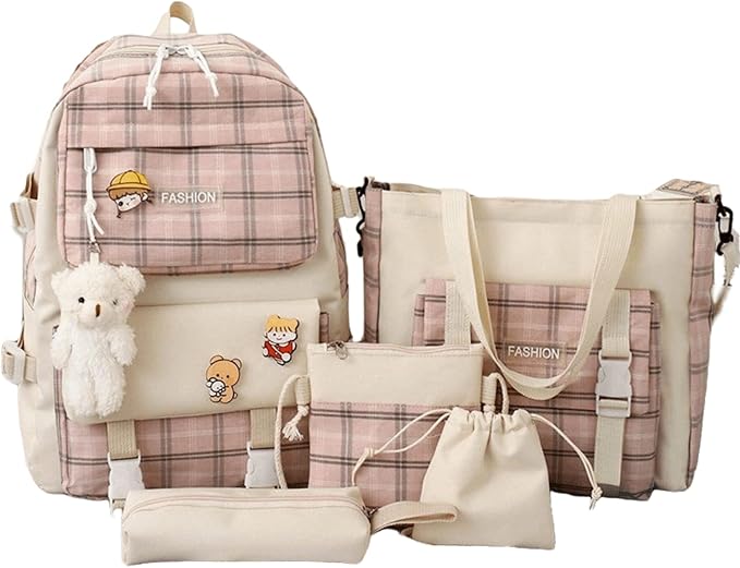 Aobiono 5Pcs Kawaii Plaid Backpack Set Aesthetic Preppy Cute Check with Pins Bear Pendant Light Academia School Supplies Kit