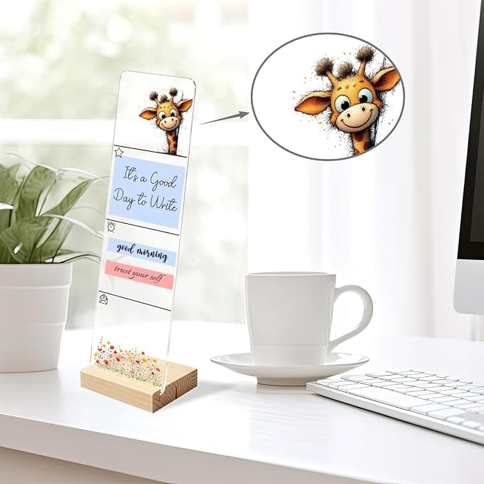 Sticky Note Holder, Monitor Memo Board, Acrylic Post It Note Holder with Wooden Base, Includes 200 Notes, Desk Organizer for Office, Cute Giraffe Design