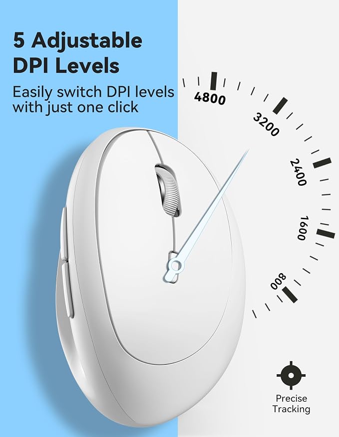 TECKNET Ergonomic Wireless Mouse 2.4G Vertical Mouse Silent 4800 DPI | 5 Adjustable DPI Levels, 6 Buttons, Compatible with Laptop, PC, Chromebook, Mac - Light White