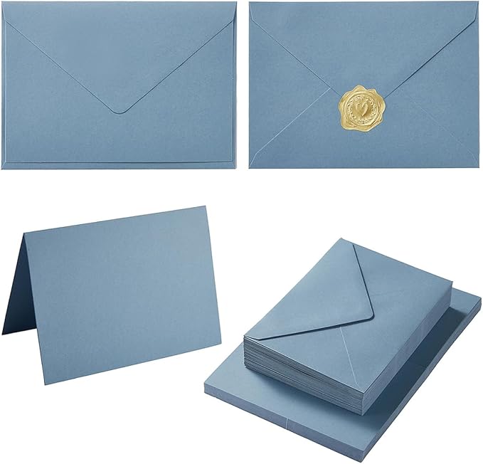 50 Pack Dusty Blue A6 Envelopes with Cards and Gold Stickers, 4x6 | With Thick Folded Cardstock, For Greeting Cards, Wedding, Birthday, Invitations, Baby Showers
