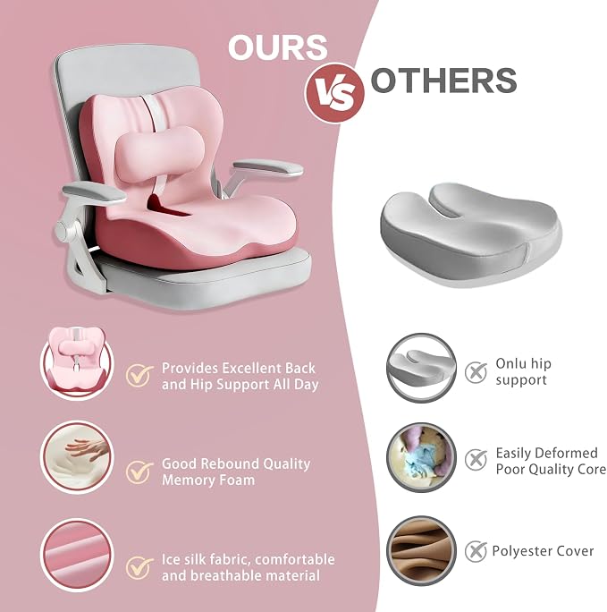 Office Chair Cushion with Adjustable Lumbar Support Pillow, Ergonomic Memory Foam Seat Cushion for Desk Chair, Tailbone Pressure Relief Cushion with Back Support Pillow for Car Seat