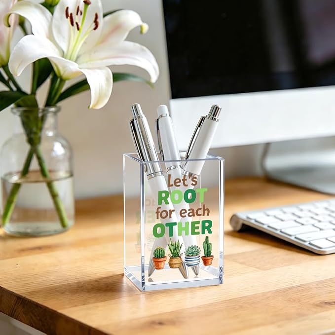 Let's Root For Each Other Acrylic Cosmetic Pencil Pen Bookmark Storage Holder Cup, Funny Plant Love Holder Cup Gifts for Women Teacher Mentor Librarian Plant Mom, Thank You Gifts for Teacher
