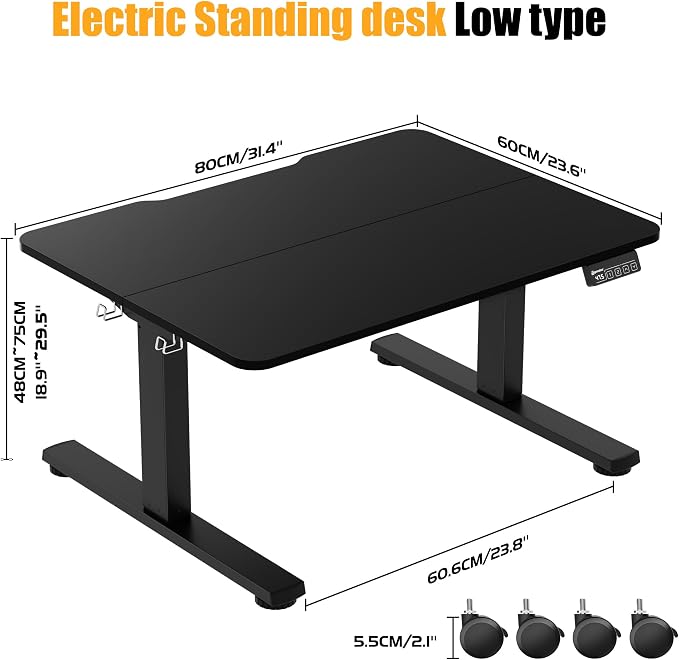 ERGOMAKER Low Height Adjustable Desk with Lockable Wheels, Lifts 18.9"-29.5", 31.5" x 23.6" Electric Small Standing Desk with Splice Board for Home Office & Short People(Black Frame, Black Desktop)