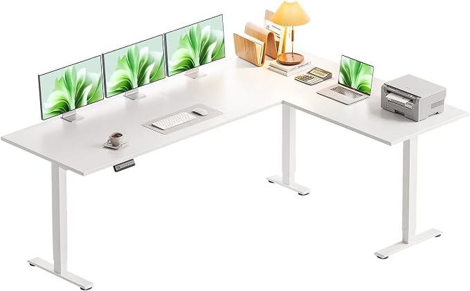 Casaottima 71 Inch Reversible Electric L Shaped Standing Desk, Height Adjustable Corner Stand up Desk, Ergonomic Large Lift Table for Home, Office, Workstation, Reception Room, White