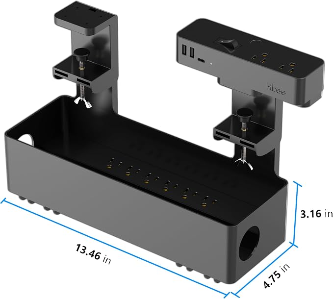 Hiree Under Desk Cable Management Tray with Power Strip, 8 AC Outlets, 2 USB Ports & 1 USB-C Port, Clamp Mount Desk Cable Organizer, No Drill Cord Management Tray for Standing Desk, Home Office（Black）