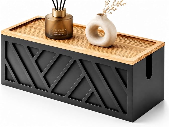 Decorative Cable Management Box, Large Wooden Cord Hider Box for Desk Floor Office, Cord Organizer to Hide Power Strips, Extension Cords, Chargers and Wires, Black