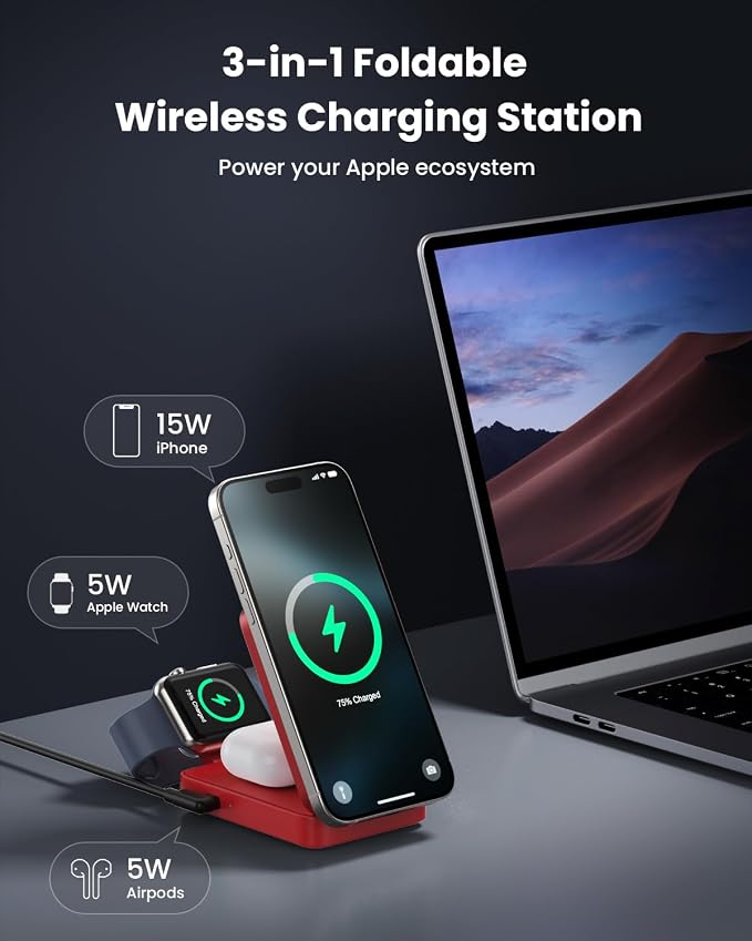 3 in 1 Wireless Charger Charging Station for iPhone,Travel Foldable Magnetic 15W Fast Wireless Charger Stand for Mag-Safe with 30W USB C Adapter for iPhone 17/16/15/14/13/12,Apple Watch,AirPods