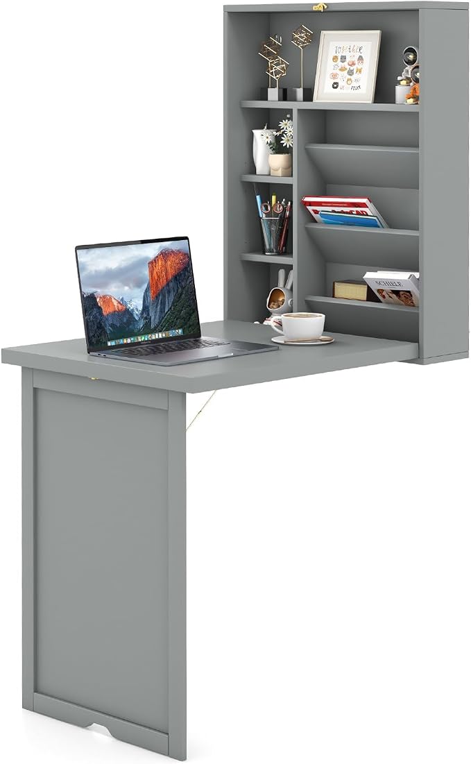 Wall Mounted Desk, Fold Out Convertible Desk with Storage Shelves, Space Saving Wall Folding Table, Home Office Floating Desks for Small Spaces (Grey)