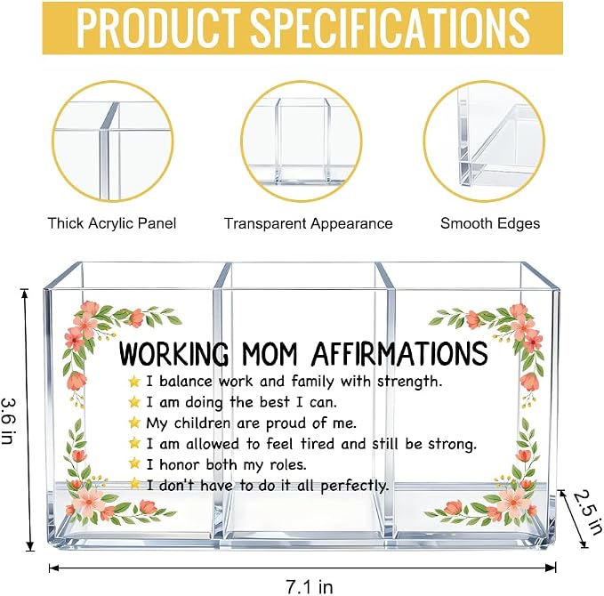 Working Mom Affirmations Acrylic Pen Makeup Brush Holder 3 Compartments, Working Mom Clear Desktop Organizer for Office School Home, Work Desk Accessories Gifts for Mother Coworkers Boss