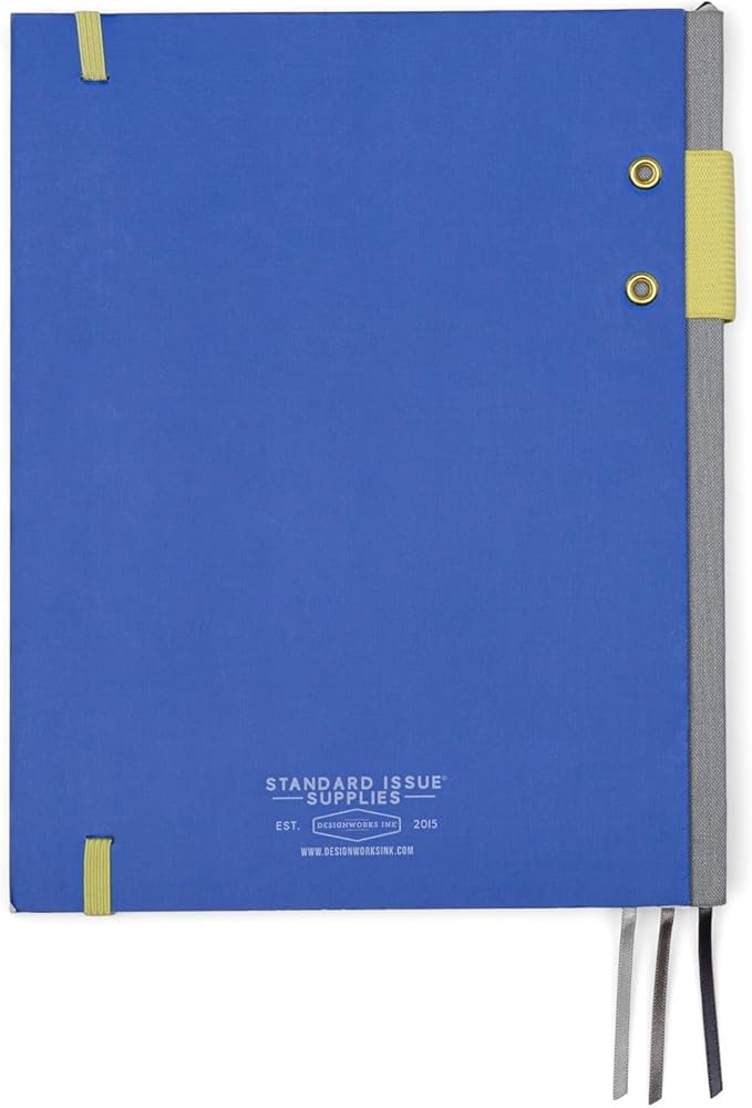 DesignWorks Ink Standard Issue Notebook No. 3, Undated Daily Planner & Writing Journal, 192 Lined Pages, Pen Holder, Small Notebook for Work & Journaling, 6.75 x 8.5 in, Cobalt & Citron
