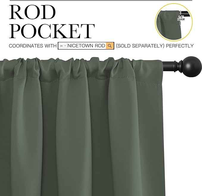 NICETOWN Bedroom Curtains Blackout Draperies - All Season Thermal Insulated Solid Rod Pocket Top Blackout Curtains/Drapes for Kid's Room (Dark Mallard, 1 Pair, 42 x 48 Inch)