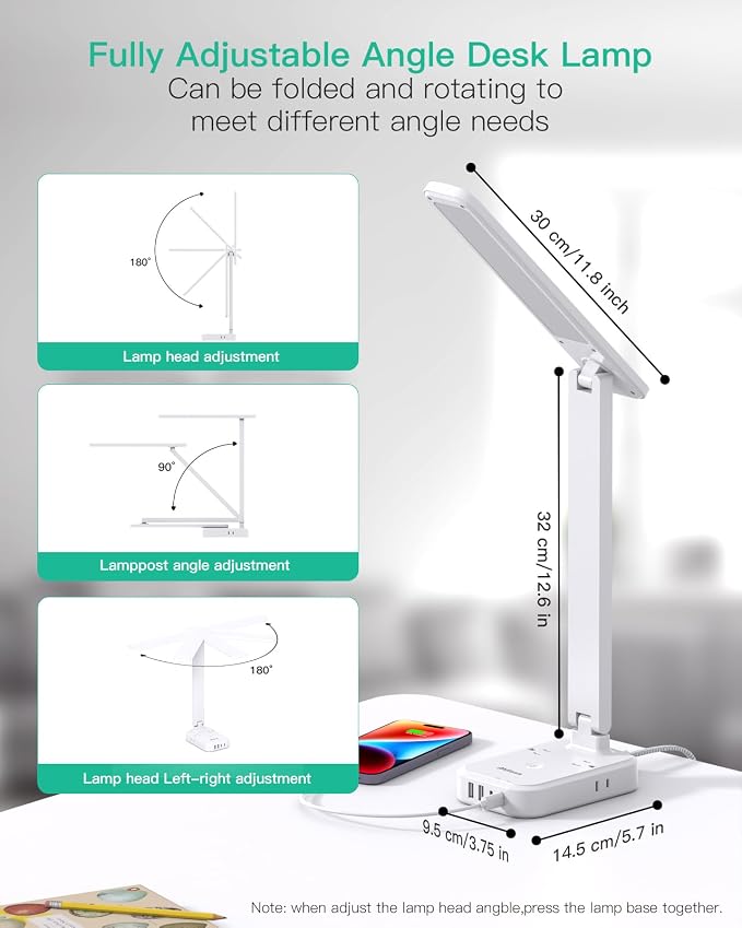Mifaso 8-in-1 LED Desk Lamp with Power Strip, PD 30W Touch Desk Lamp, 4 Outlets & 4 USB Ports, Eye-Caring Dimmable Table Lamp with 5FT Extension Cord for Home Office College Dorm Room Essentials