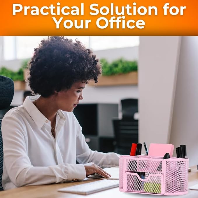 Modern Minimalist 9-Compartment Pink Desk Organizer - Pen Holder with Drawer Tray - Office Supplies Organizer