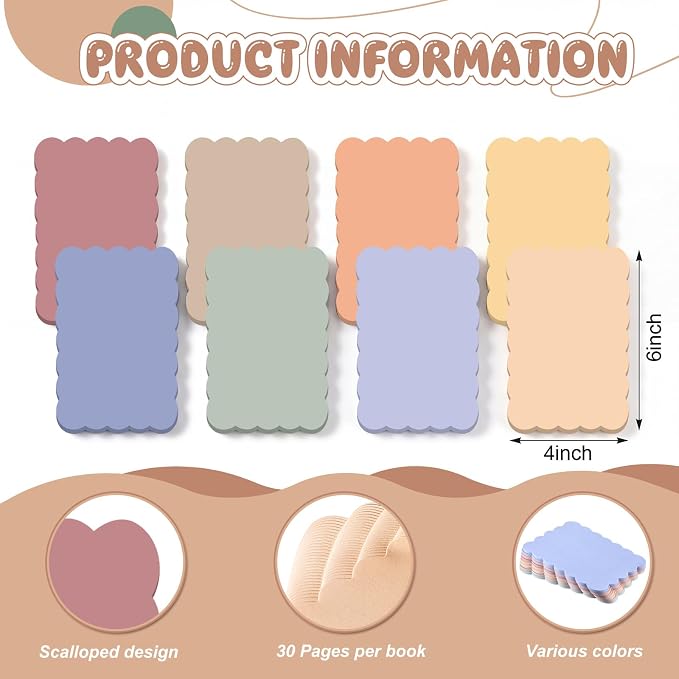 Eaasty 8 Pack Scalloped Sticky Notes Cute Adhesive Memo Pads Vintage Colors Aesthetic Unlined Self Stick Note Pads 4" x 6" Pretty Wavy Sticky Notes Bulk 240 Sheets for School Office Supplies
