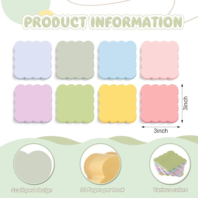 Eaasty 8 Pack Scalloped Sticky Notes Cute Adhesive Memo Pads Pastel Colors Aesthetic Unlined Self Stick Note Pads 3" x 3" Pretty Wavy Sticky Notes Bulk 240 Sheets for School Office Supplies