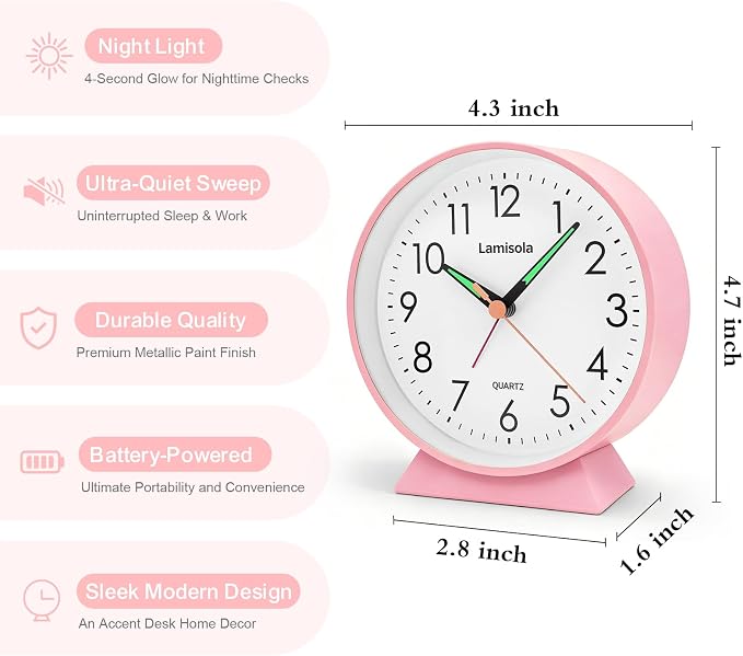4.5 Inch Small Pink Analog Alarm Clock, Retro Battery Operated Desk Clock with Night Light Stays On 4 Seconds Vintage Metal Table Clock for Bedside, Nightstand, Bedroom, Office, Bathroom - Pink