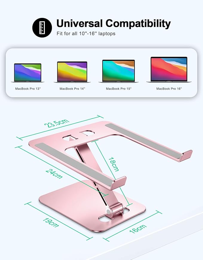 RIWUCT Foldable Aluminum Alloy Laptop Stand for Desk, Height Adjustable Ergonomic Computer Stand, Portable Laptop Riser Holder Printer Stand Compatible with MacBook Pro Air/HP/Dell 10-16", Pink