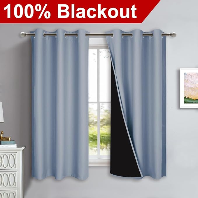 NICETOWN 100% Blackout Curtains 45 inches Long, 1 Pair, 42 inches Width Each Panel, Vintage Blue, 2 Thick Layers Completely Blackout Window Treatment Thermal Insulated Lined Drapes for Small Window