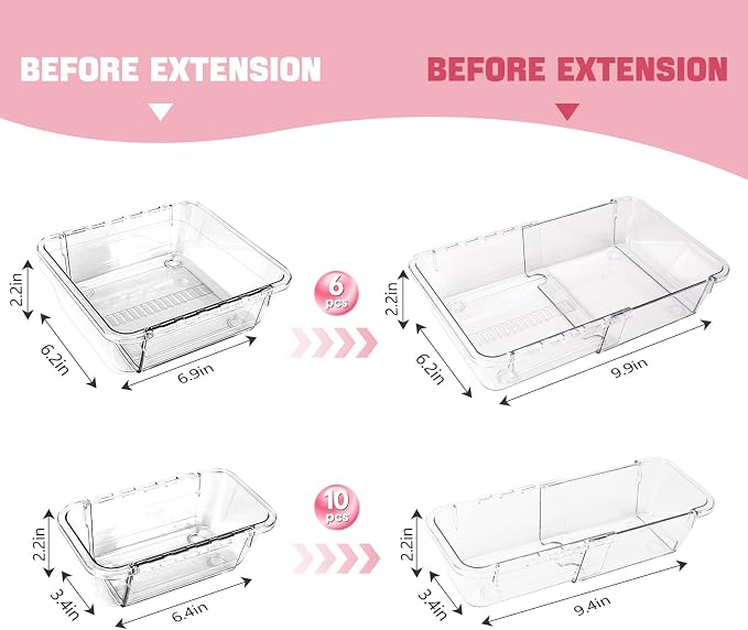 16 PCS Extendable Drawer Organizer Set Clear Stackable Vanity Storage Bins | 2-Size BPA-Free Acrylic Trays, Non-Slip Stackable Boxes for Makeup Cosmetics Office Desk Utensils Bathroom Dresser Countertop