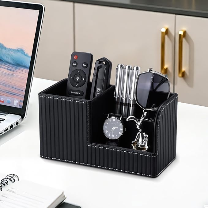 KINGFOM Desk Pen Organizer Office Supplies Caddy Pu Leather Multi-function Storage Box Pen/Pencil,Cell phone, Business Name Cards Remote Control Holder (Black)