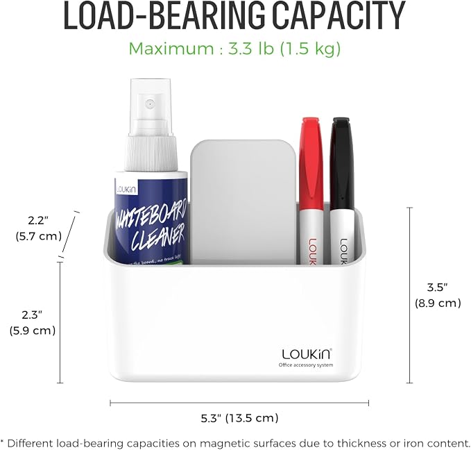 loukin Magnetic Marker Holder Set, Whiteboard Accessory Tray Set, White | 5.3" × 2.2", Holds 1 Eraser and 8 Markers, Supports up to 3.3 lb, 2 Mounting Options, Fits Glass and Refrigerators
