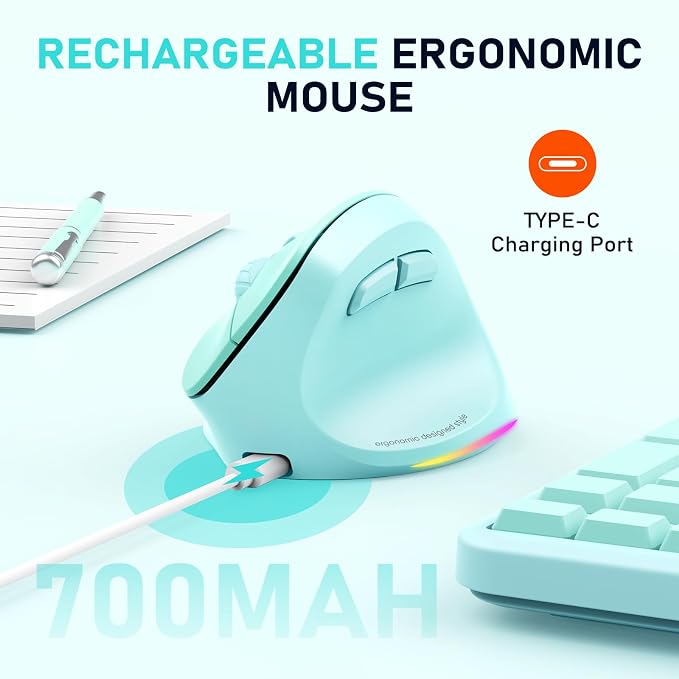 MEETION Ergonomic Mouse, Wireless Vertical Mouse RGB Backlit Rechargeable Mice for Bluetooth(5.2 + 3.0) & USB, 4 Adjustable DPI for Mac/Windows/Andriod/PC/Tablet/iPad GN