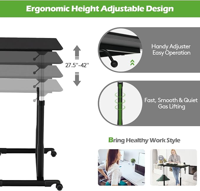 COSTWAY Mobile Height Adjustable Standing Desk, Compact Pneumatic Sit to Stand Computer Desk w/Lockable Casters, Ergonomic Rolling Laptop Table w/Steel Frame for Home Office (Black)