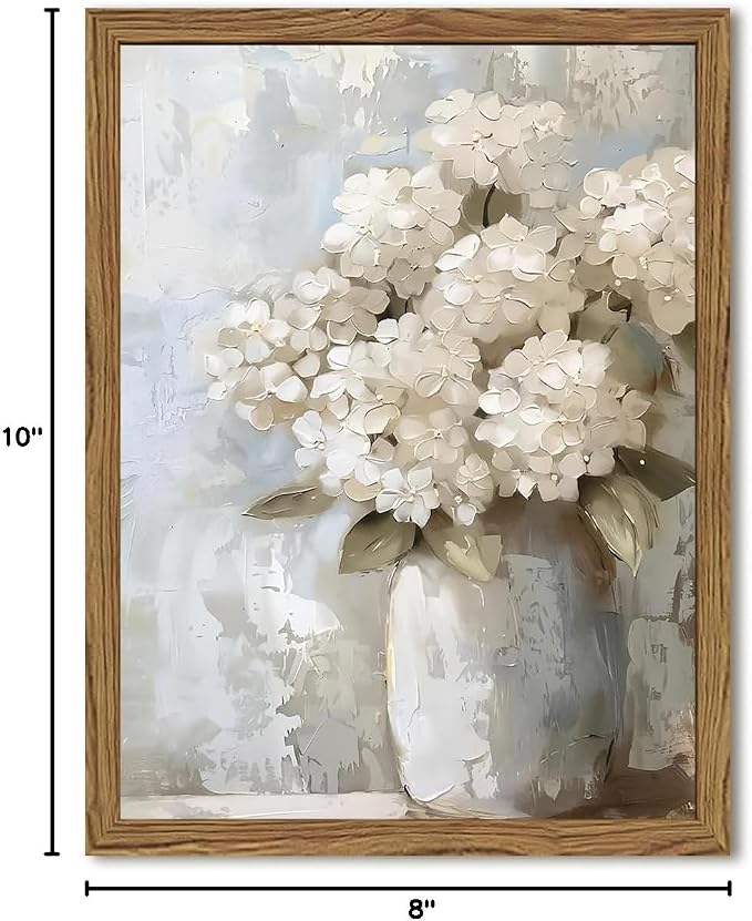 Framed Vintage Canvas Wall Art, White Hydrangea Floral Wall Decor Paintings, Flower Pictures Prints Aesthetic Home Decor for Living Room Bedroom Bathroom Office 8x10 inch