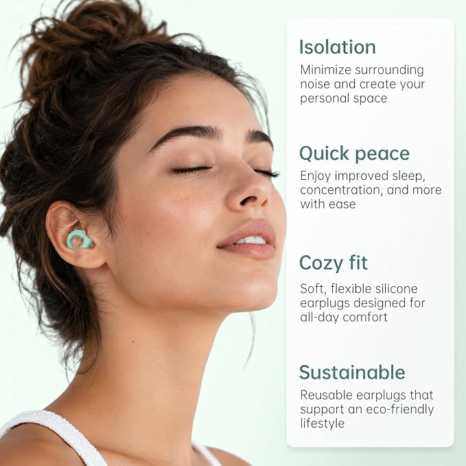 Ear Plugs for Sleeping Noise Cancelling, Reusable Silicone Earplugs for Sleeping, Noise Reduction, Deep Focus, Travel, 30dB Noise Reduction, High Fidelity Hearing Protection, Mint