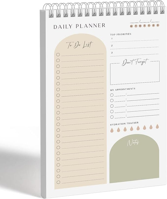 Daily Planner To Do List Notepad 60 Undated Pages,Almond,Twin-ring Spiral Bindling 6x9 Inch Desktop Daily Planning Notepad with Protective Cover,Notebook for Daily Tasks, Water Intake, Habit Tracker