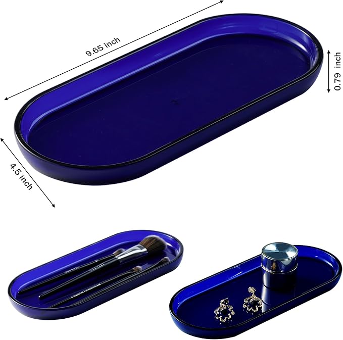 SheeChung Acrylic Vanity Tray, Bathroom Makeup Organizer Countertop, Blue | 9.65" x 4.5", Perfume Jewelry Candle Dispenser Catchall Tray, Sturdy Holder for Cabinet Shelf Closet Drawer Organizer, 2 Pack