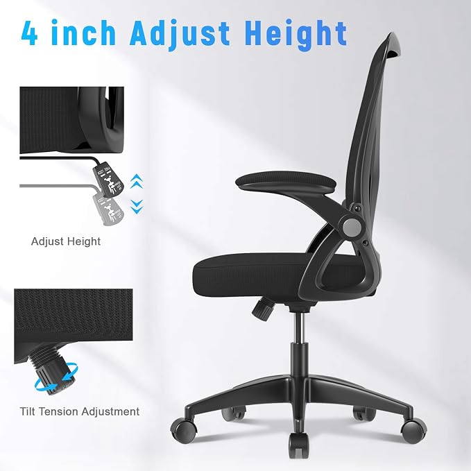 naspaluro Home Office Desk Chair Mid Back with Adjustable Height Dark Black | Comfy Ergonomic Chair with Flip-Up Arm and Lumbar Support, Breathable Mesh Swivel Computer Chair for Study Working Teacher