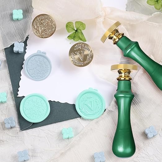 Elegant Initial V Wax Seal Kit,2pcs Exquisite Brass Stamp Heads with Eucalyptus & Flower Designs Ideal for Wedding Invitations Gift Wraps Envelopes and Christmas Cards (Alphabet V Kit)