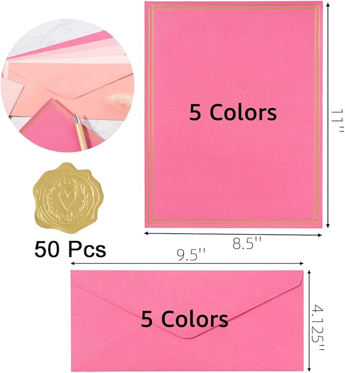 50 Pack Colored Stationery Set, 5 Colors #10 Business Envelopes, 50 Sheets 8.5x11 Paper Sheet and Gold Stickers for Office, Letters, Invitations (Pink)
