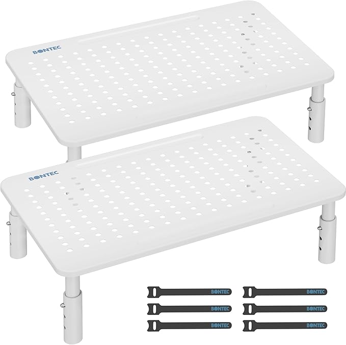 BONTEC Monitor Stand for Desk 2 Pack, 3-Level Height Adjustable Metal Monitor Riser, Ergonomic Computer Stand with Pen Holder & Cable Management for Printer, Laptop, Office Workstation, White