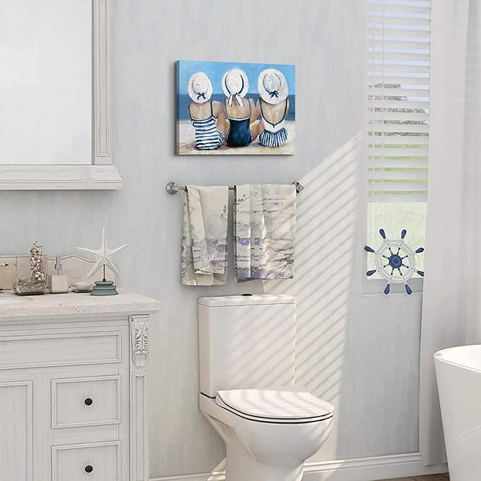 Coastal Beach Wall Art Bathroom Wall Decor Nautical Theme Picture Teen Girls Bedroom Decor Retro Vintage Blue Ocean Poster Swimsuit Girl Painting Beauty Room Artwork Beachy Home Decorations 12x16”