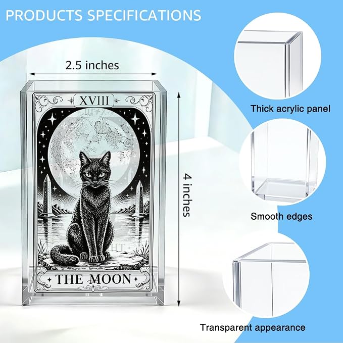 The Moon Tarot Card Acrylic Pen Holder, Gothic Black Cat Full Moon Desk Pencil Cup Organizer, Halloween Office Decor Accessory, Witchy Gifts For Women Student Teacher Tarot Reader Cat Lover