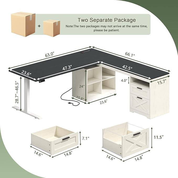 66 inch Farmhouse L Shaped Standing Desk with Storage for Home Office | Corner Electric Standing Desk with Drawers ＆ Storage Shelves, Height Adjustable Desk with Power Outlets, Black & White