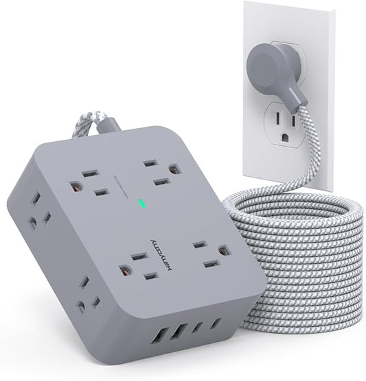 Surge Protector Power Strip 15 Ft Long Cord, HANYCONY 8 Outlets 4 USB Ports(2 USB C), Flat Plug, Desk Charging Station for Home Office College Dorm Room Essentials