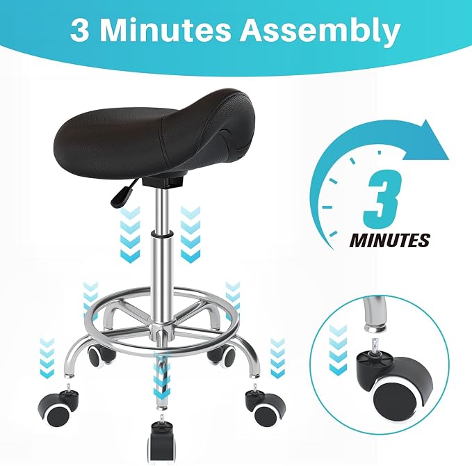 YEEZEE Saddle Stool Ergonomic, Saddle Chair with Wheels, Dark Black | Comfortable Wide Thick Saddle Seat Padding, 360°Swivel, Adjustable Height, Ring Pedal Design, for Medical Massage Salon Spa