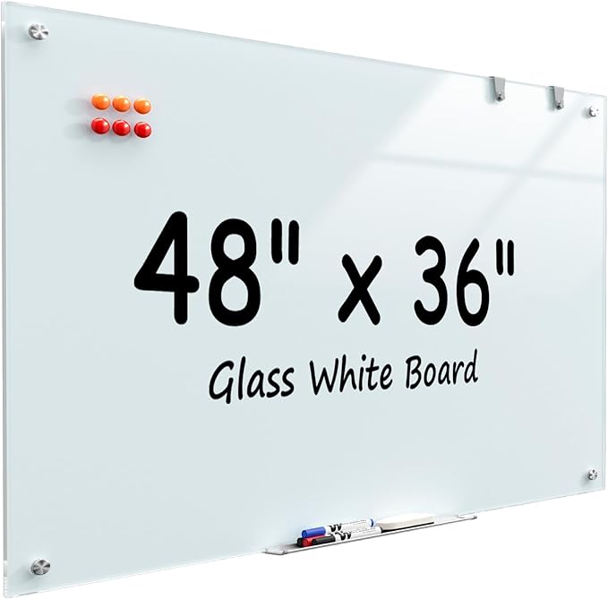 MaxGear 48" x 36" Glass Whiteboard Wall Mounted for Office Home Classroom | Magnetic Glass Dry Erase Board, Tempered Glass, Steel Backed, Non-Porous Surface, Frameless Design, Hardware Included