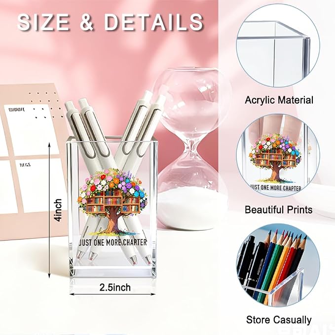 Just One More Chapter Acrylic Pencil Pen Holder Cup, Tree of Life Print Bookmark Storage Organizer, Cute Bookish Desk Accessories Holder Gifts for Daughter Librarian Teacher Book Lover Reader