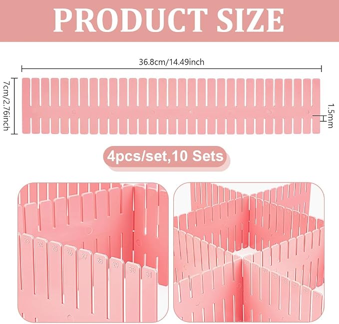 PH PandaHall 40pcs Pink Drawer Dividers Plastic Drawer Organizer 14.5x2.75 inch DIY Adjustable Drawers Separators Storage for Kitchen Bedroom Office Sock Underwear Organizing Cutlery Makeup Clothes