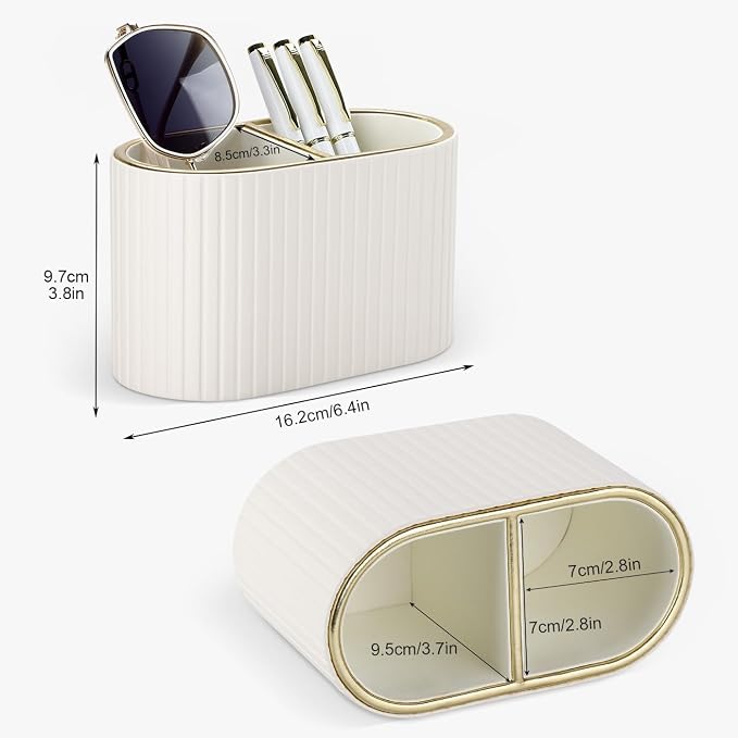 KINGFOM PU Leather Desk Organizer Pen Holder – Dual-Compartment Stylish Pencil Cup Remote Control Holder Desktop Supplies and Accessories Organizer Caddy for Office Home School (Light Beige)
