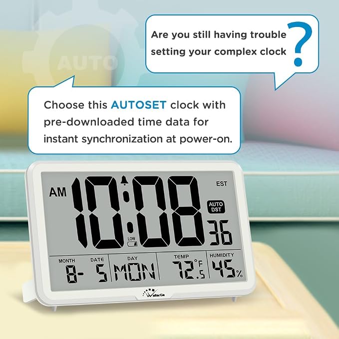 WallarGe Auto Set Digital Wall Clock Battery Operated, Auto DST | Desk Clock with Temperature, Humidity and Date, Large Display Digital Calendar Alarm Clock for Bedroom, Office, Classroom