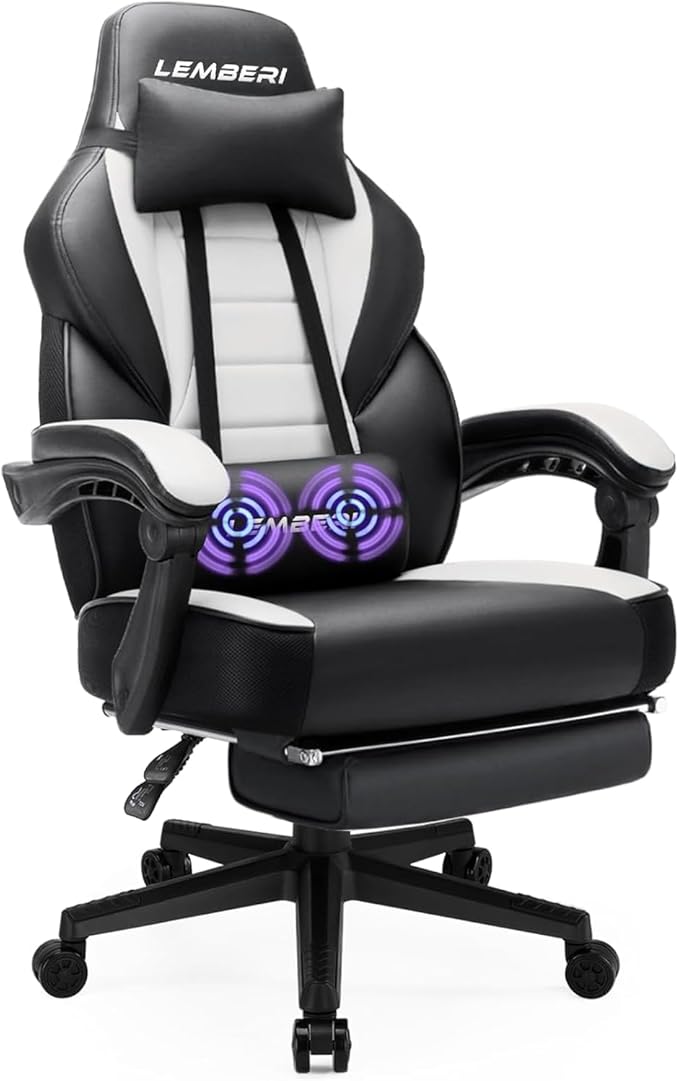 LEMBERI Big and Tall Gaming Chair 400lb Capacity, Heavy-Duty Office Chair with Reinforced Footrest, Wide Seat High Back PC Desk Chair with Linkage Armrests, Thickened Steel Frame, PU Leather, White