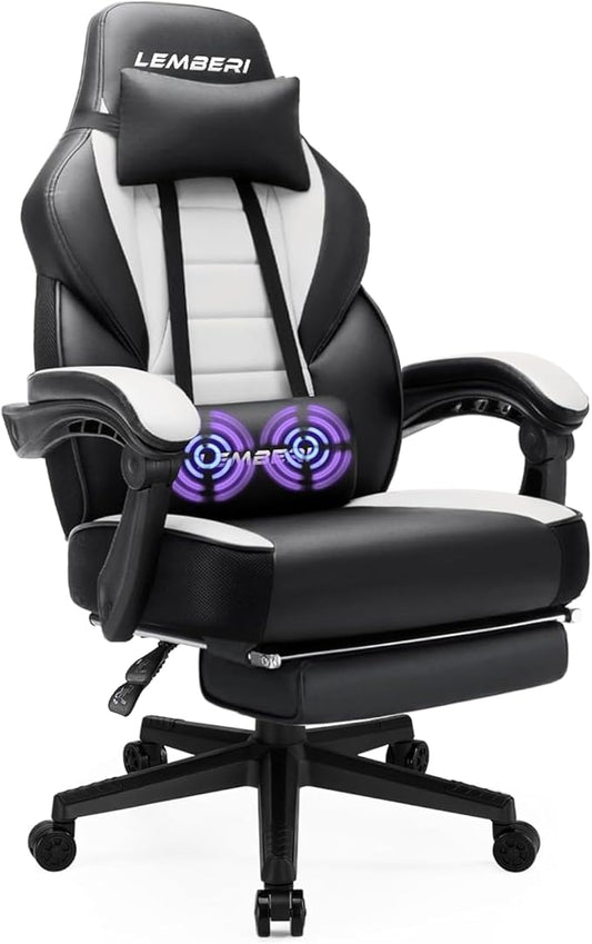 LEMBERI Big and Tall Gaming Chair 400lb Capacity, Heavy-Duty Office Chair with Reinforced Footrest, Wide Seat High Back PC Desk Chair with Linkage Armrests, Thickened Steel Frame, PU Leather, White