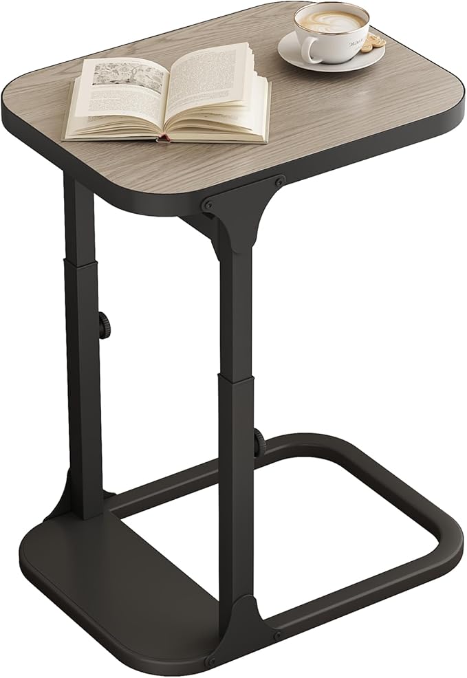 Kitstorack Height Adjustable End Table, Small Side Table for Couch, Sofa Table with Metal Frame for Living Room, Bedroom, Bedside C Shaped Table,Greige