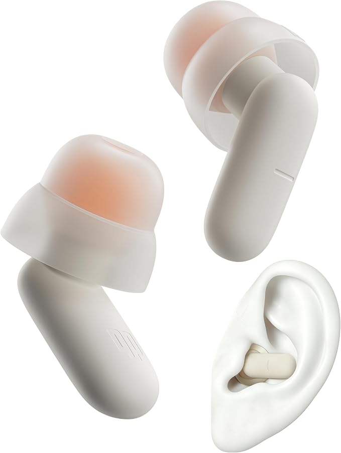 Dream Ear Plugs for Sleeping, 26 dB (SNR) Noise-Reduction Soft Silicone Earplugs with Patented Qufits Ear Tips and Portable Case, Reusable Earplugs for Sleep, Focus, Study, Travel - Beige